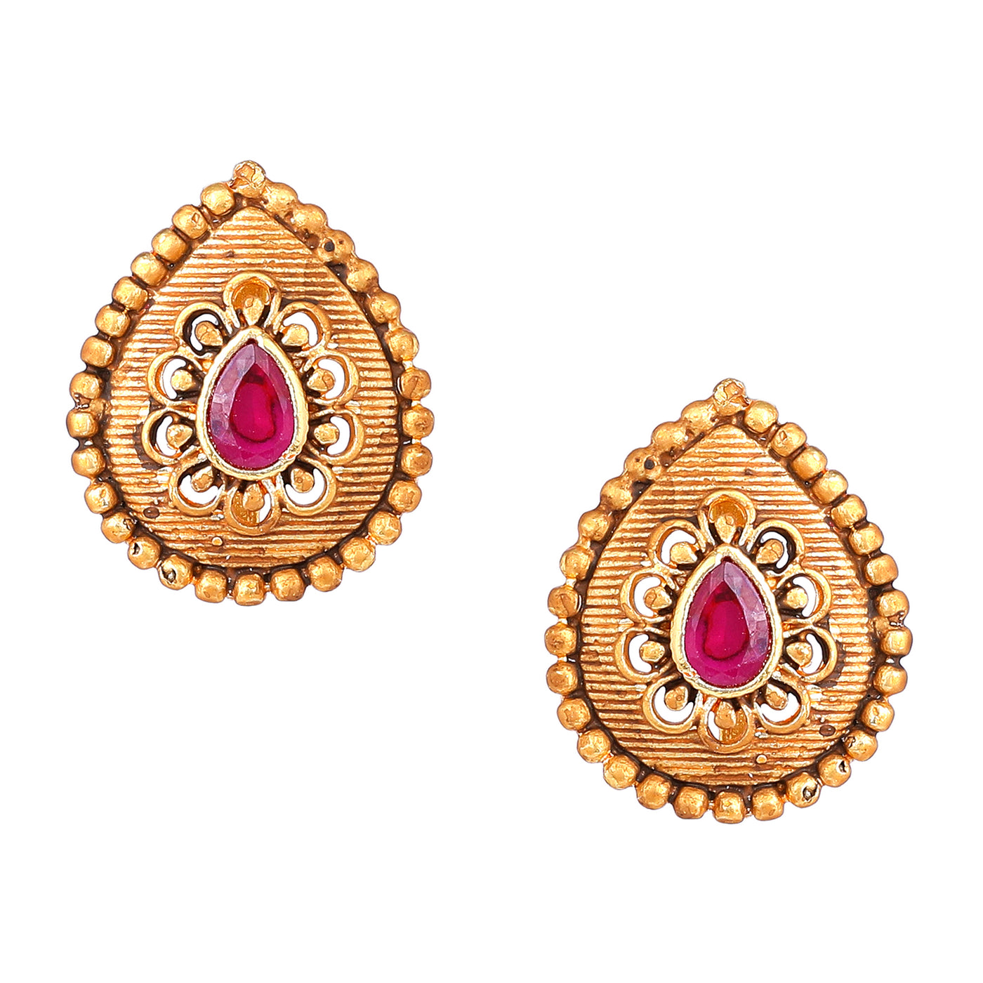 Estele Gold Plated Drop Designer Matt Finish Stud Earrings with Ruby Crystals for Women