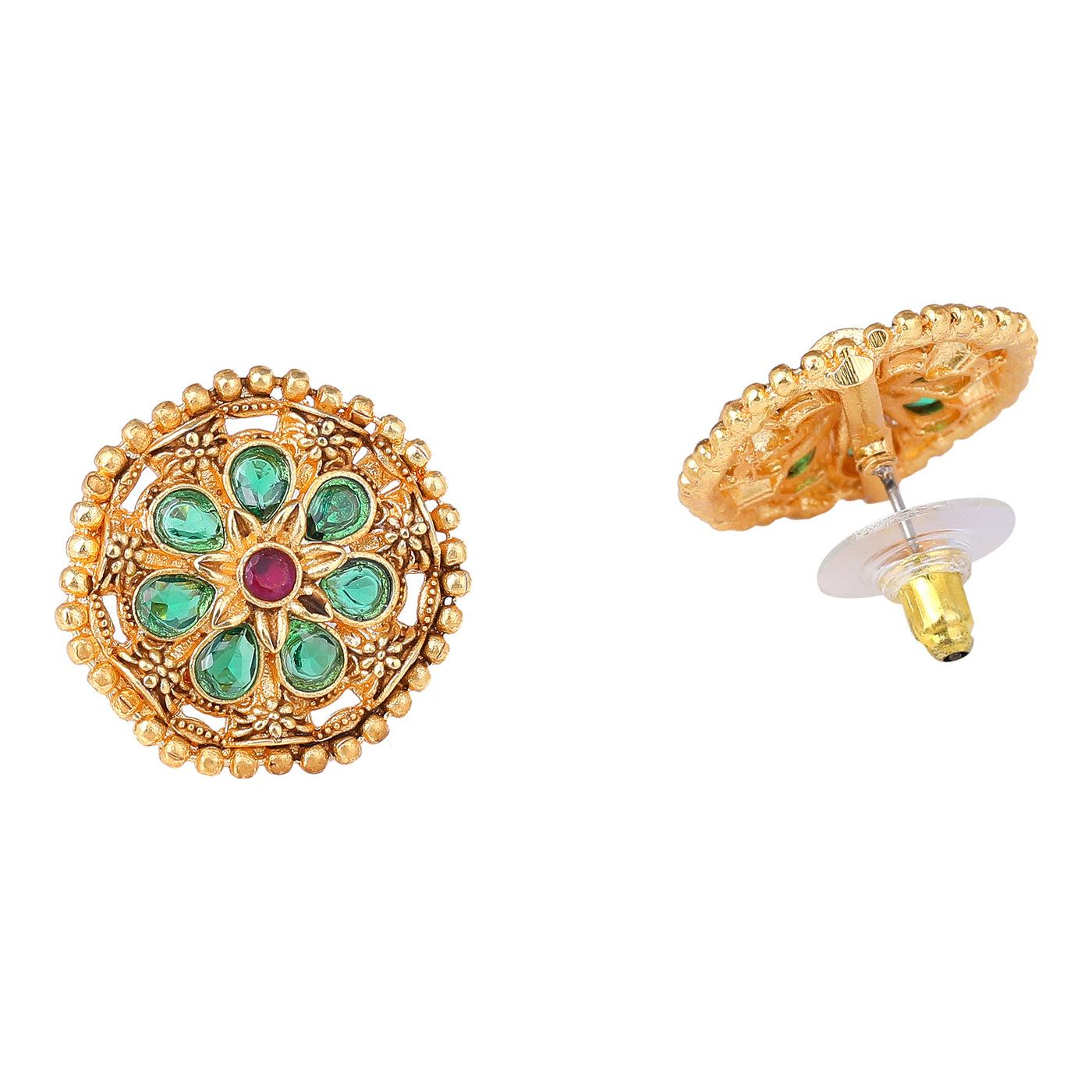 Estele Gold Plated Floral Designer Matt Finish Stud Earrings with Multi-color Crystals for Women