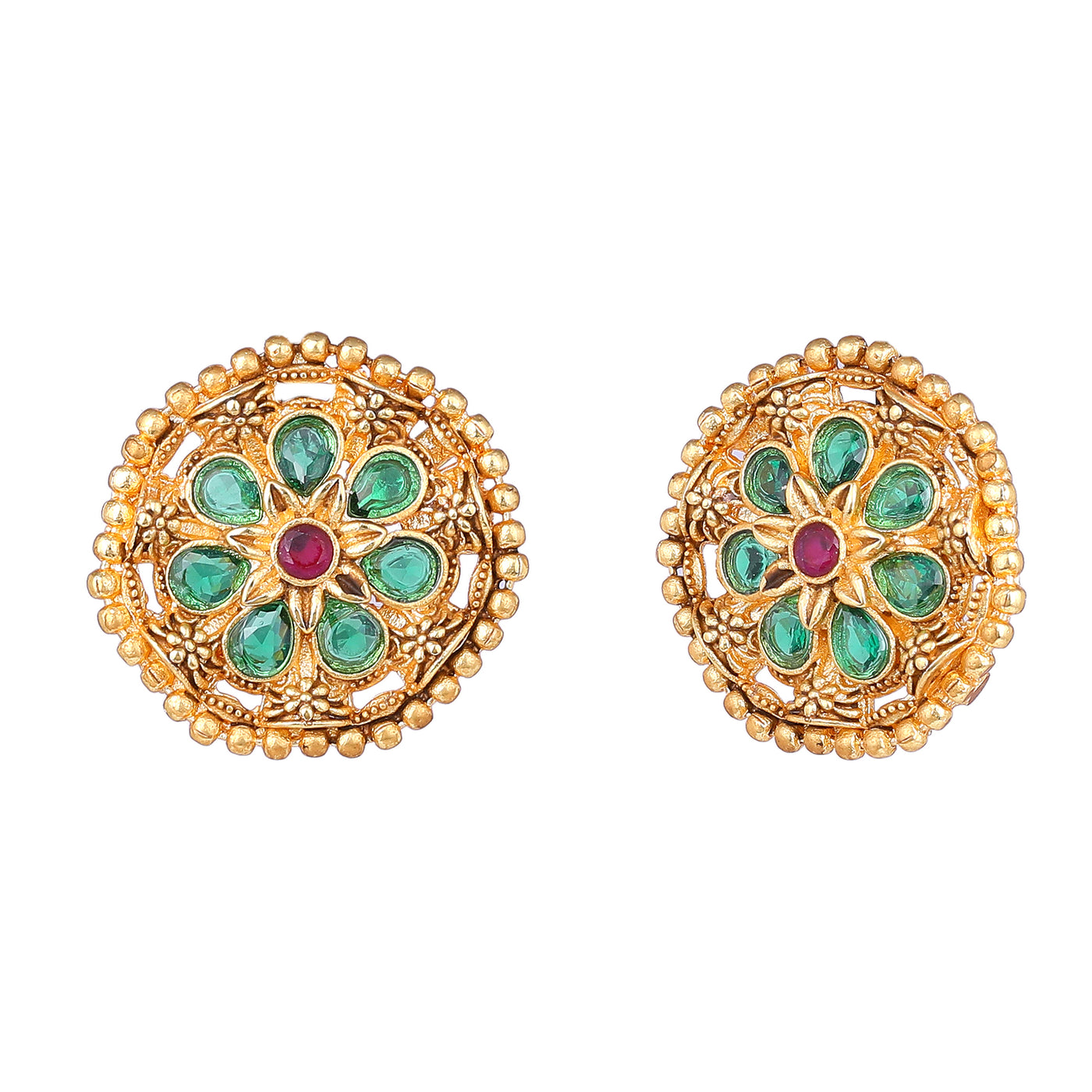 Estele Gold Plated Floral Designer Matt Finish Stud Earrings with Multi-color Crystals for Women