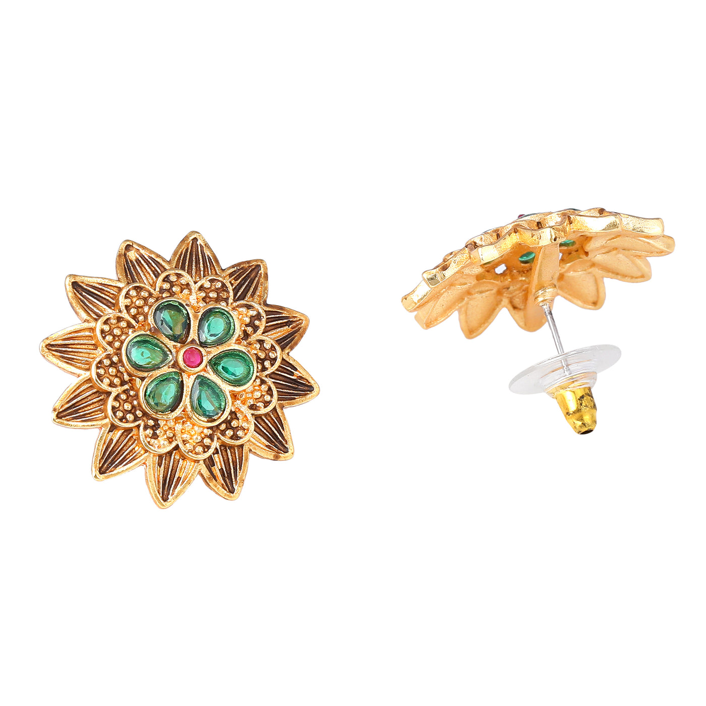 Estele Gold Plated Flower Designer Matt Finish Stud Earrings with Multi-color Crystals for Women
