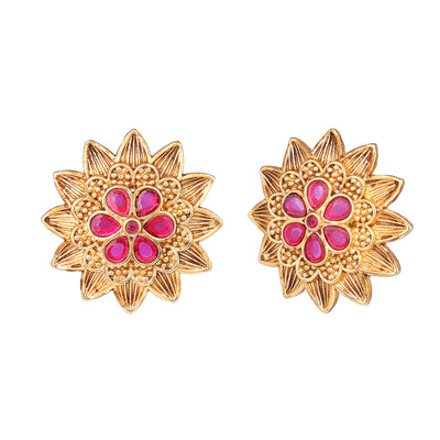 Estele Gold Plated Flower Designer Matt Finish Stud Earrings with Ruby Crystals for Women