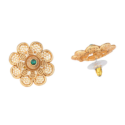 Estele Gold Plated Floral Designer Matt Finish Stud Earrings with Green Crystals for Women