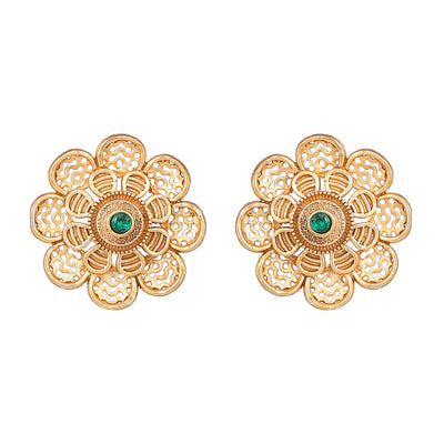 Estele Gold Plated Floral Designer Matt Finish Stud Earrings with Green Crystals for Women