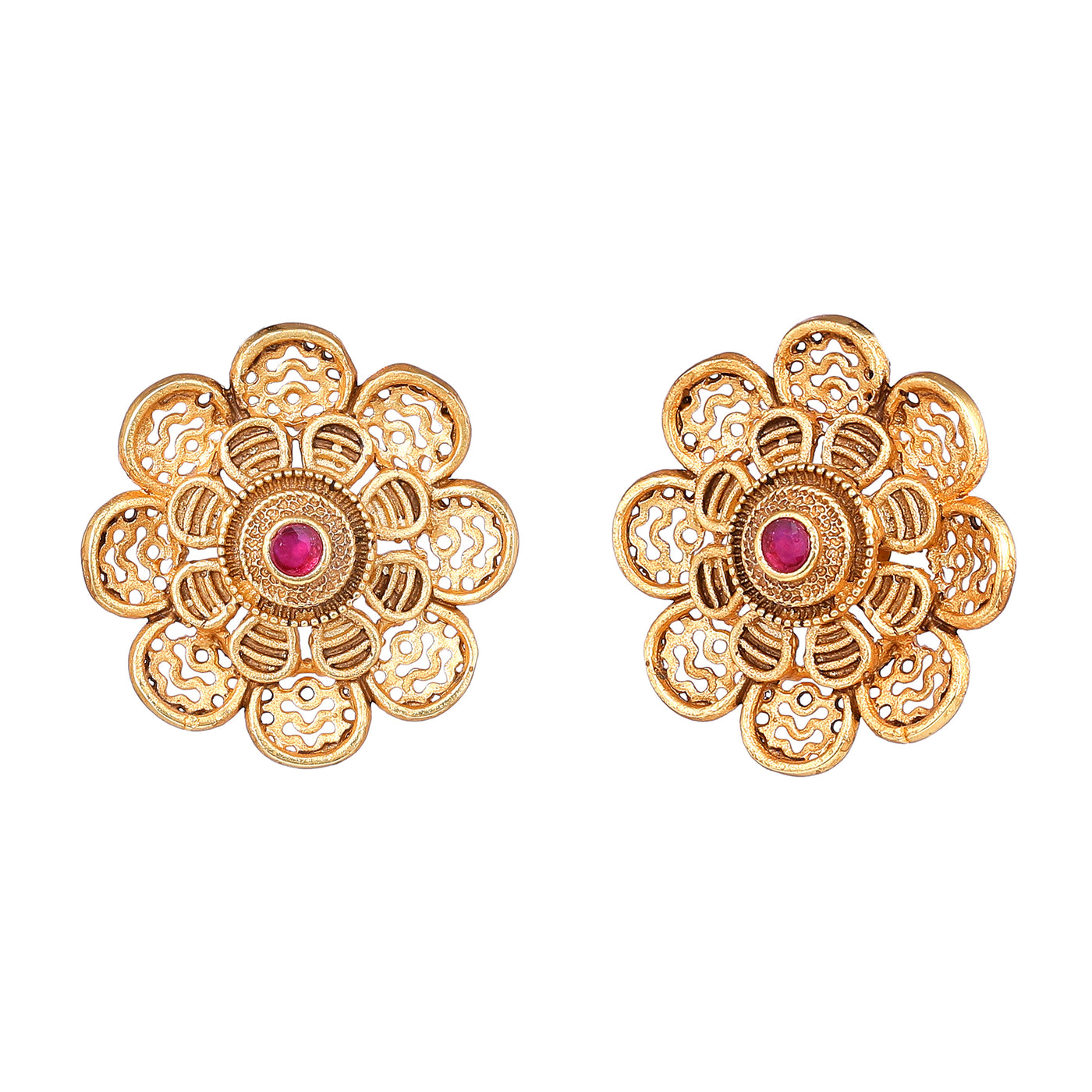 Estele Gold Plated Floral Designer Matt Finish Stud Earrings with Ruby Crystals for Women