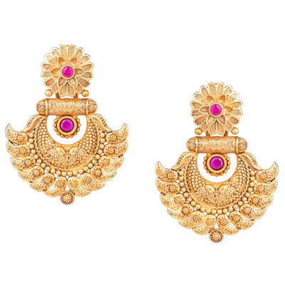 Estele Gold Plated Exquisite Matt Finish Drop Earrings with Ruby Crystals for Women