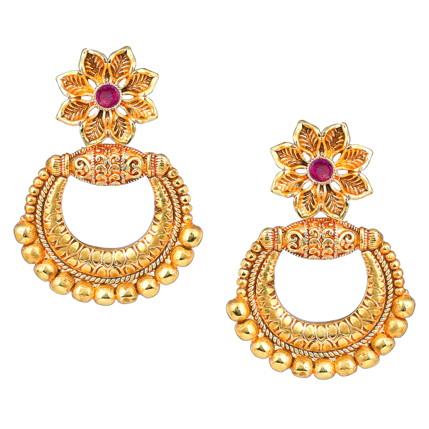 Estele Gold Plated Flower Designer Matt Finish Drop Earrings with Ruby Crystals for Women