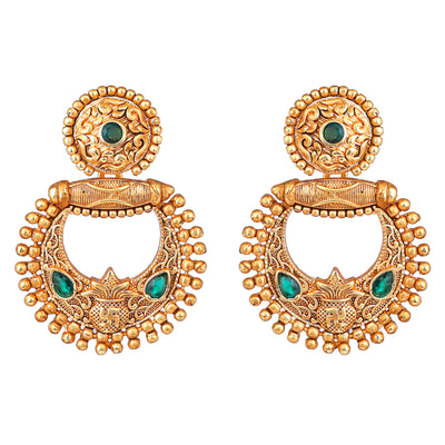 Estele Gold Plated Traditional Designer Matt Finish Drop Earrings with Green Crystals for Women