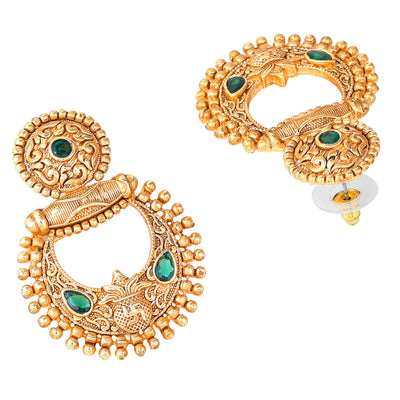 Estele Gold Plated Traditional Designer Matt Finish Drop Earrings with Green Crystals for Women
