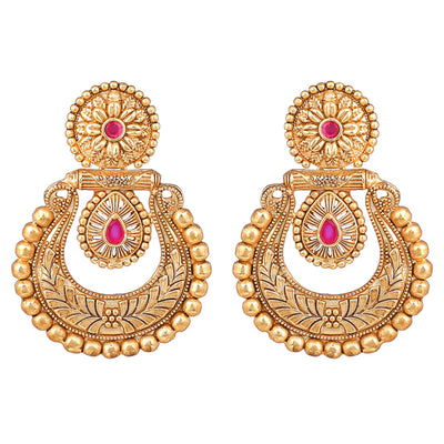 Estele Gold Plated Beautiful Matt Finish Drop Earrings with Ruby Crystals for Women