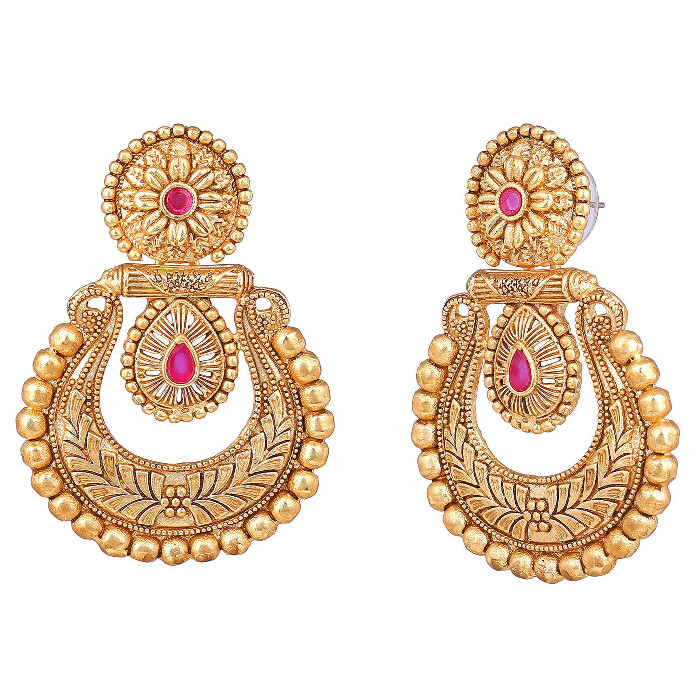 Estele Gold Plated Beautiful Matt Finish Drop Earrings with Ruby Crystals for Women