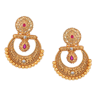 Estele Gold Plated Startling Matt Finish Drop Earrings with Ruby Crystals for Women