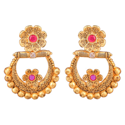 Estele Gold Plated Floral Designer Matt Finish Drop Earrings with Ruby Crystals for Women