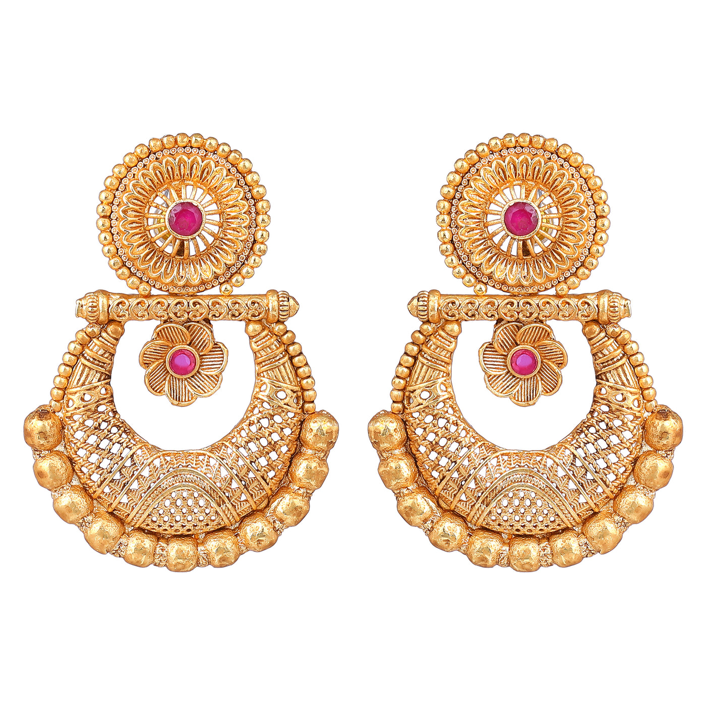 Estele Gold Plated Floral Designer Matt Finish Drop Earrings with Ruby Crystals for Women