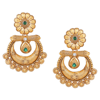 Estele Gold Plated Beautiful Matt Finish Drop Earrings with Green Crystals for Women