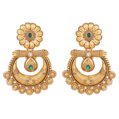Estele Gold Plated Beautiful Matt Finish Drop Earrings with Green Crystals for Women
