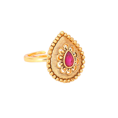 Estele Gold Plated Drop Designer Matte Finish Finger Ring with Ruby Crystals for Women(Adjustable)