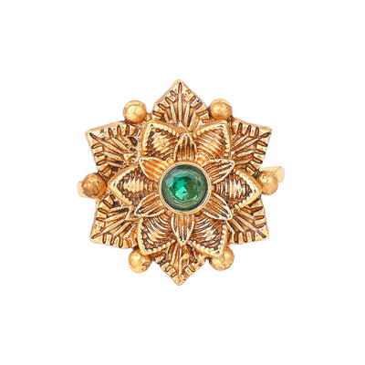 Estele Gold Plated Flower Designer Matte Finish Finger Ring with Green Crystals for Women(Adjustable)