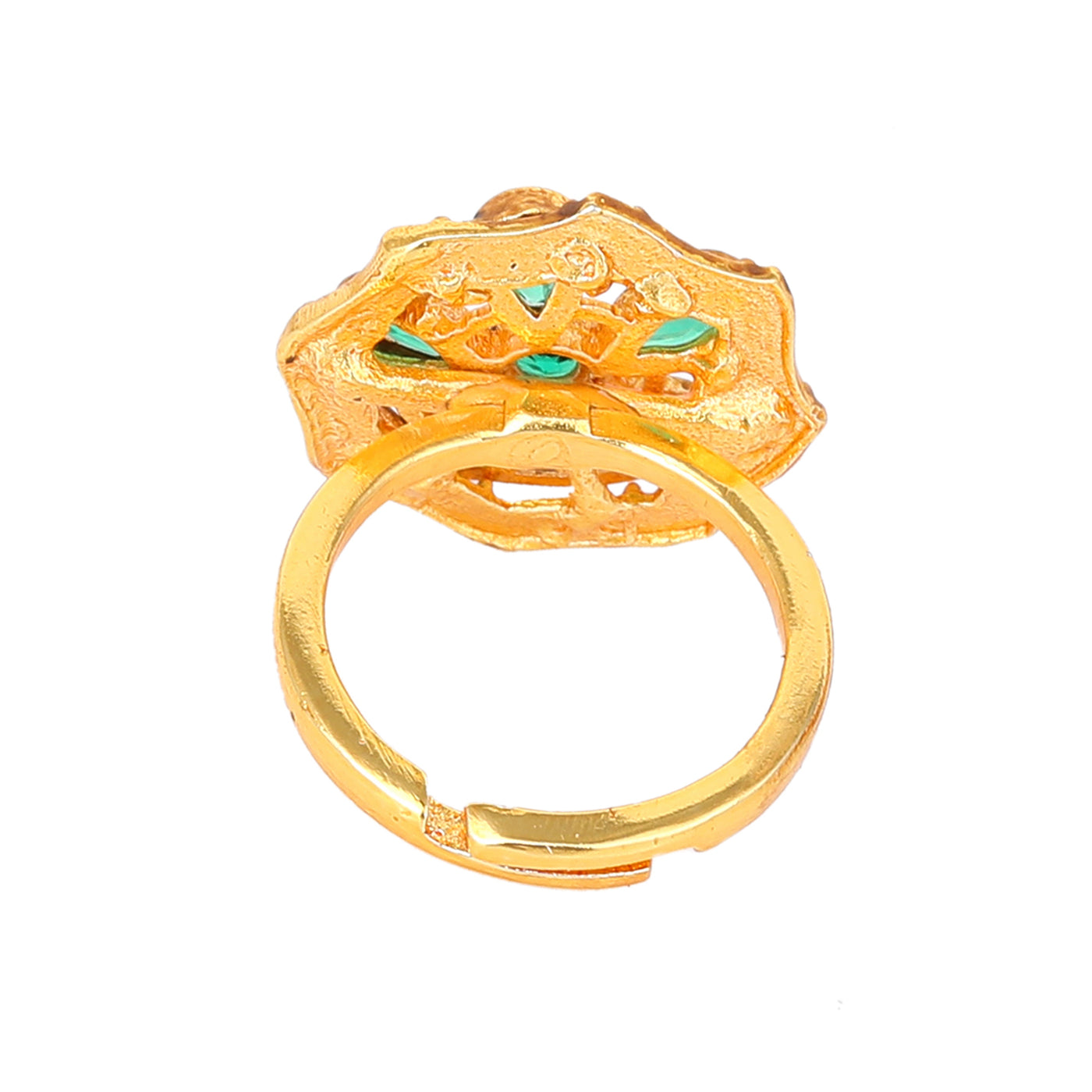 Estele Gold Plated Flower Designer Matte Finish Finger Ring with Green Crystals for Women(Adjustable)