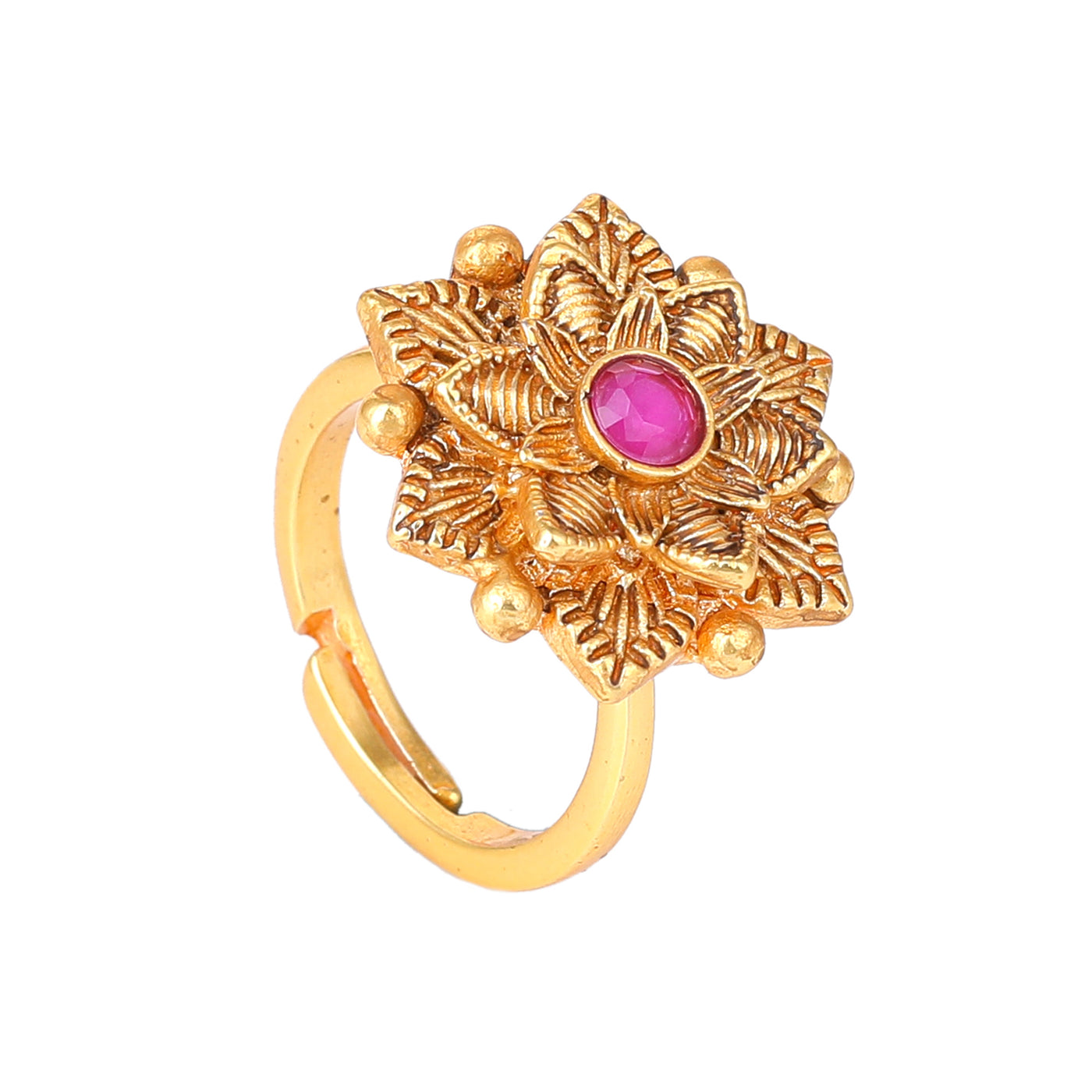 Estele Gold Plated Flower Designer Matte Finish Finger Ring with Ruby Crystals for Women(Adjustable)