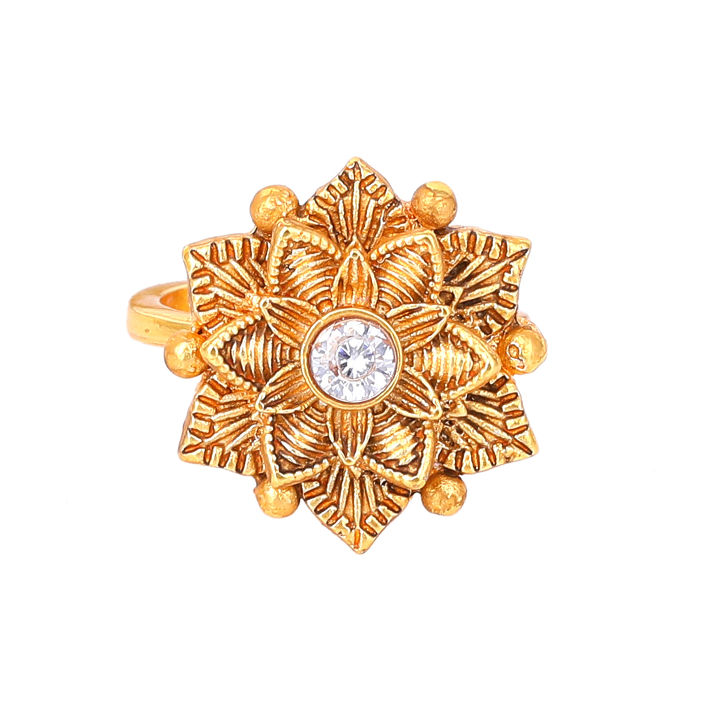 Estele Gold Plated Flower Designer Matte Finish Finger Ring with White Crystals for Women(Adjustable)