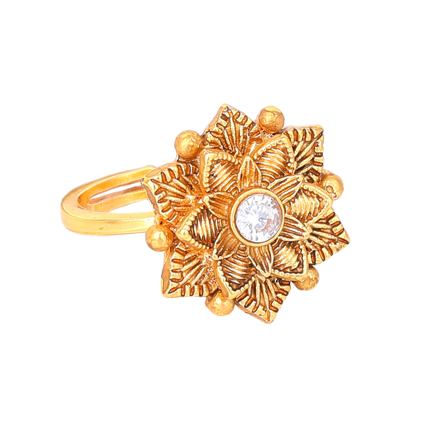 Estele Gold Plated Flower Designer Matte Finish Finger Ring with White Crystals for Women(Adjustable)