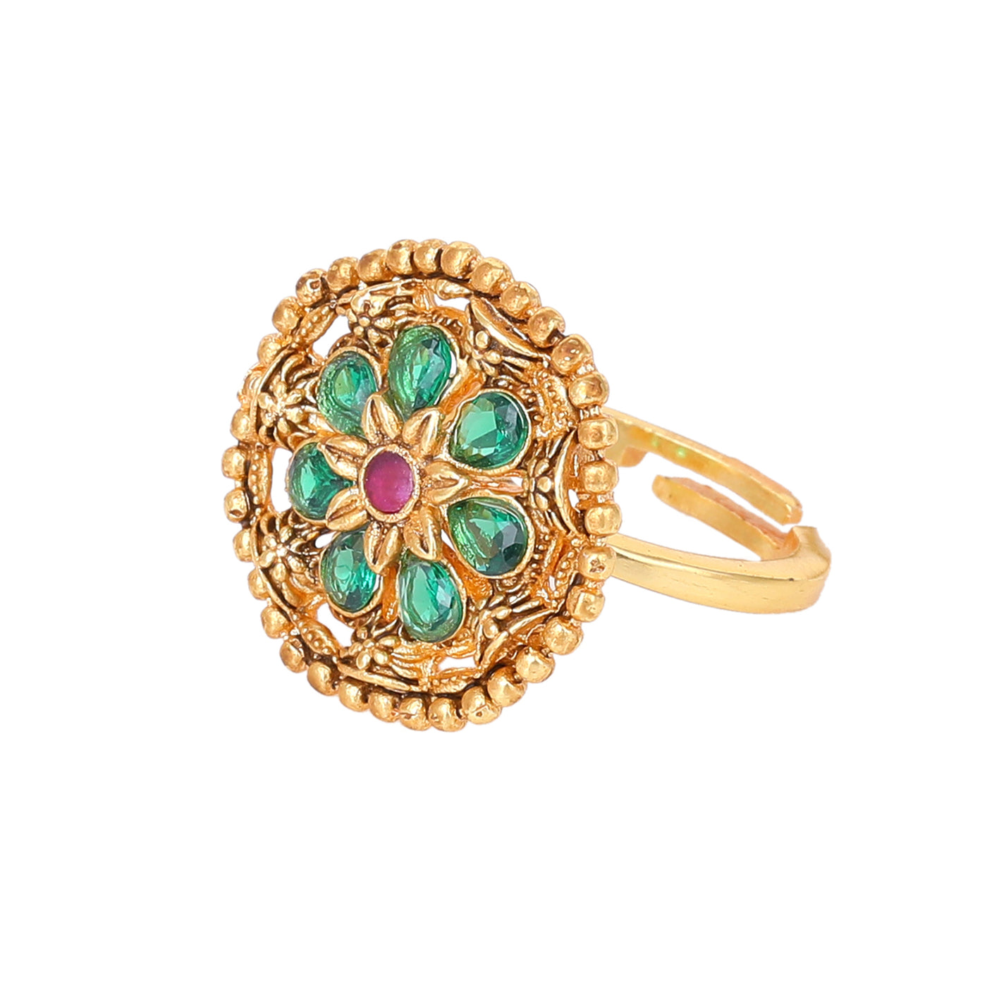 Estele Gold Plated Flower Designer Matte Finish Finger Ring with Multi-color Crystals for Women(Adjustable)