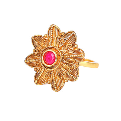 Estele Gold Plated Exquisite Matte Finish Finger Ring with Ruby Crystals for Women(Adjustable)