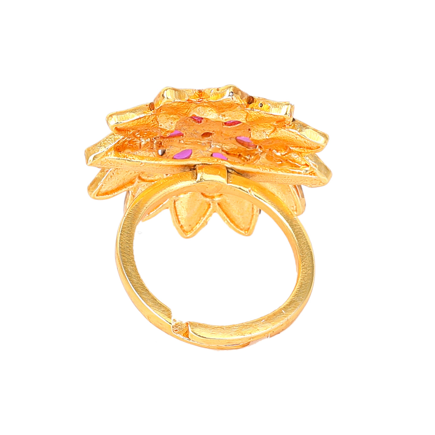 Estele Gold Plated Flower Designer Matt Finish Finger Ring with Ruby Crystals for Women(Adjustable)