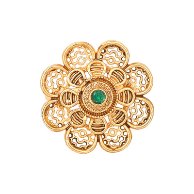 Estele Gold Plated Blossom Matte Finish Finger Ring with Green Crystals for Women(Adjustable)