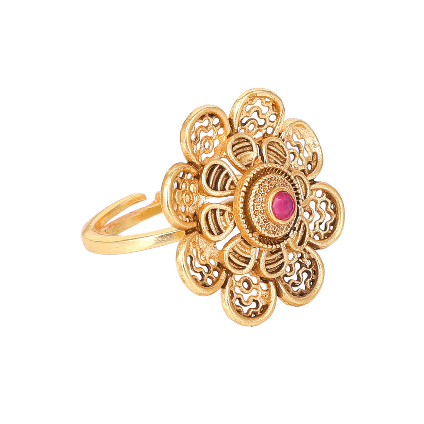 Estele Gold Plated Blossom Matte Finish Finger Ring with Ruby Crystals for Women(Adjustable)