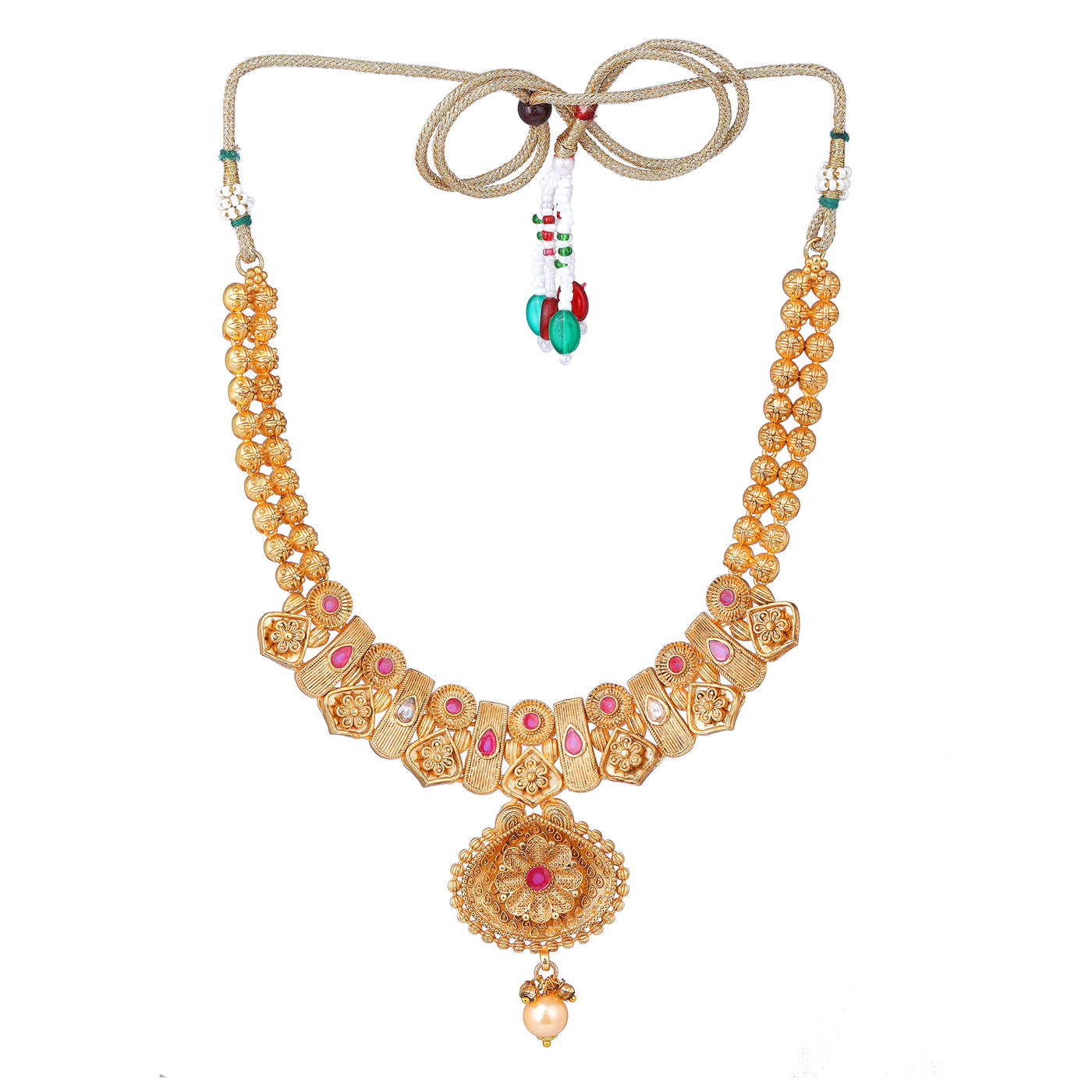 Estele Gold Plated Exquisite Floral Matte Finish Necklace Set with Ruby Crystals & Pearls for Women