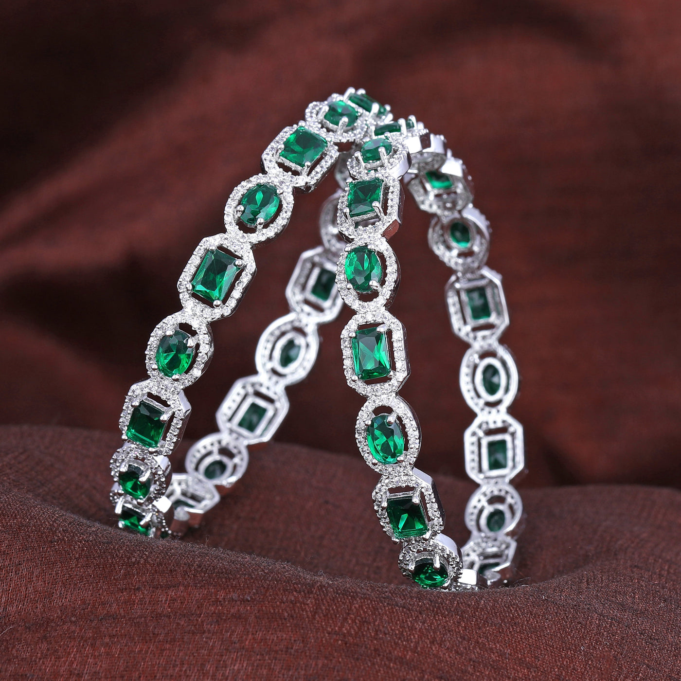 Estele Rhodium Plated CZ Sparkling Bangles with Green Stones for Women