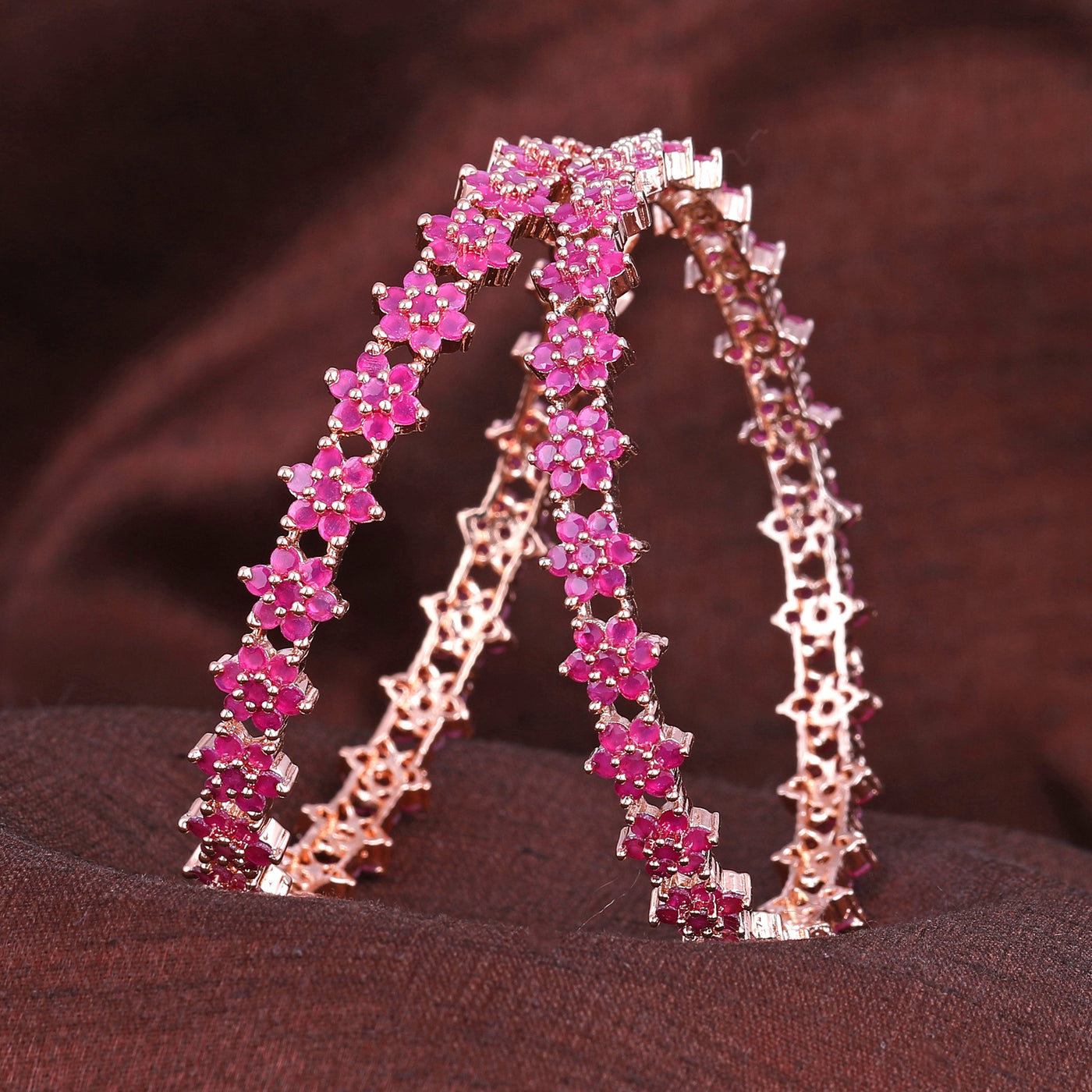 Estele Rose Gold Plated CZ Floral Bangles with Ruby Stones for Women