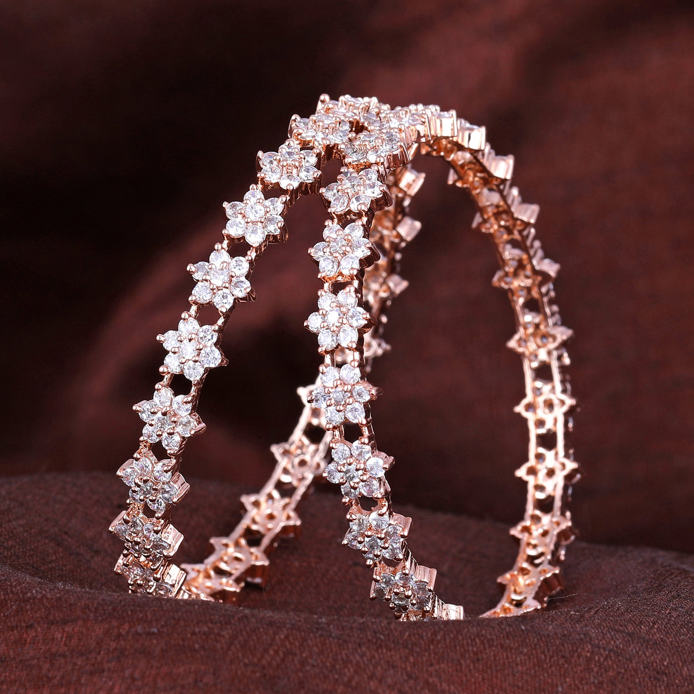 Estele Rose Gold Plated CZ Floral Bangles with White Stones for Women