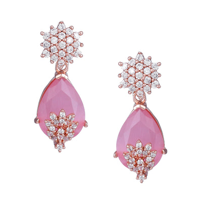 Estele Rose Gold Plated CZ Sparkling Earrings with Mint Pink Stones for Women