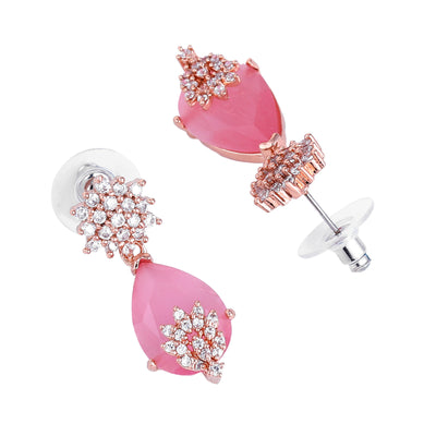 Estele Rose Gold Plated CZ Sparkling Earrings with Mint Pink Stones for Women