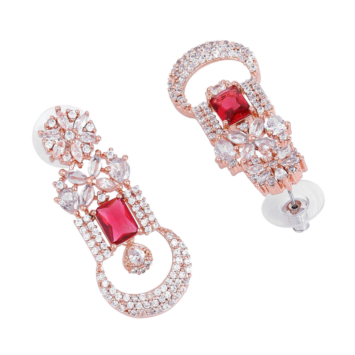 Estele Rose Gold Plated CZ Gorgeous Designer Drop Earrings with Tourmaline Pink Crystals for Women