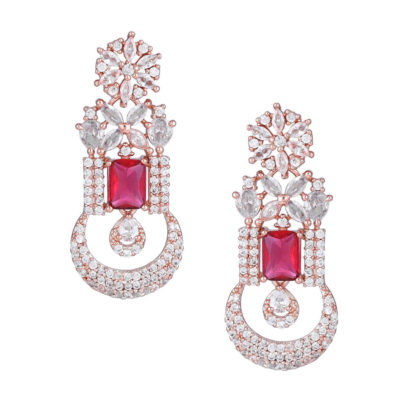 Estele Rose Gold Plated CZ Gorgeous Designer Drop Earrings with Tourmaline Pink Crystals for Women