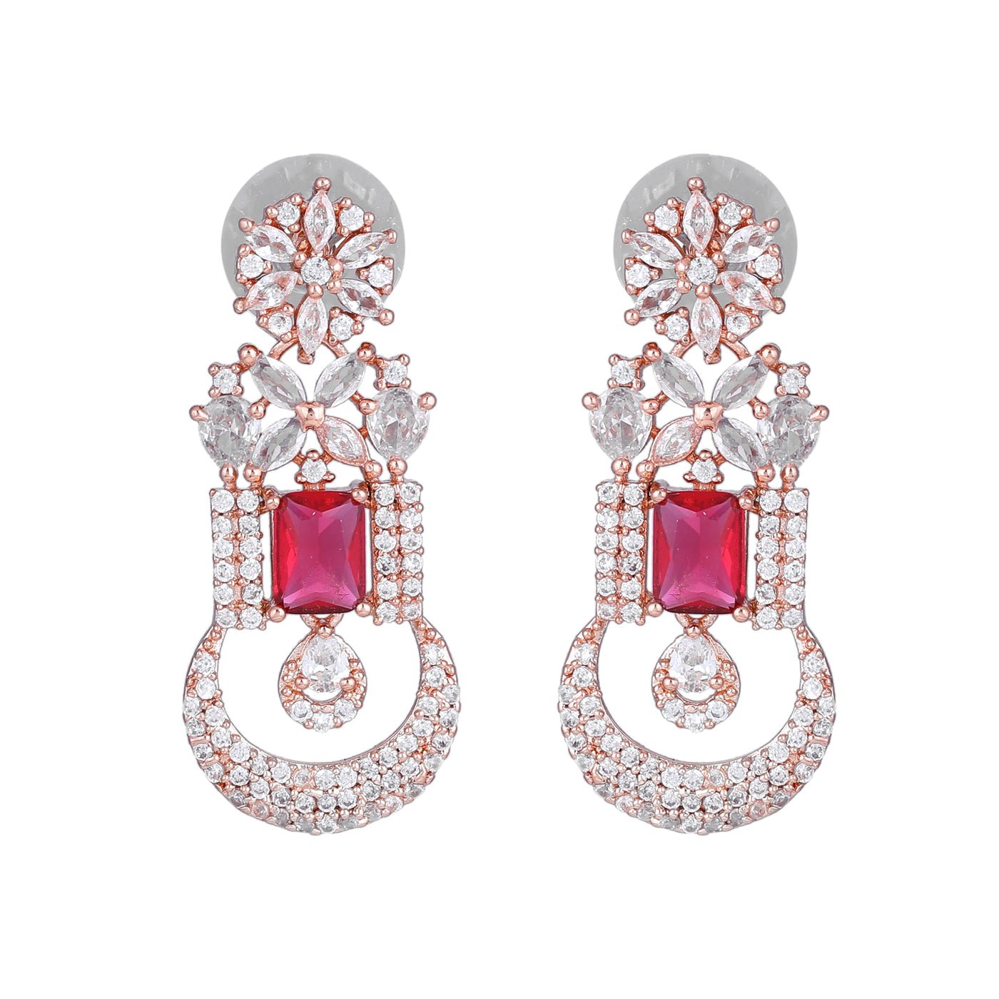 Estele Rose Gold Plated CZ Gorgeous Designer Drop Earrings with Tourmaline Pink Crystals for Women