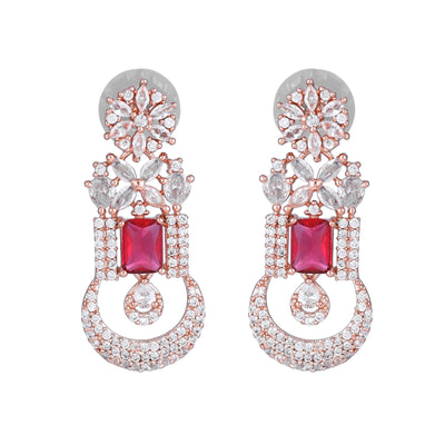 Estele Rose Gold Plated CZ Gorgeous Designer Drop Earrings with Tourmaline Pink Crystals for Women