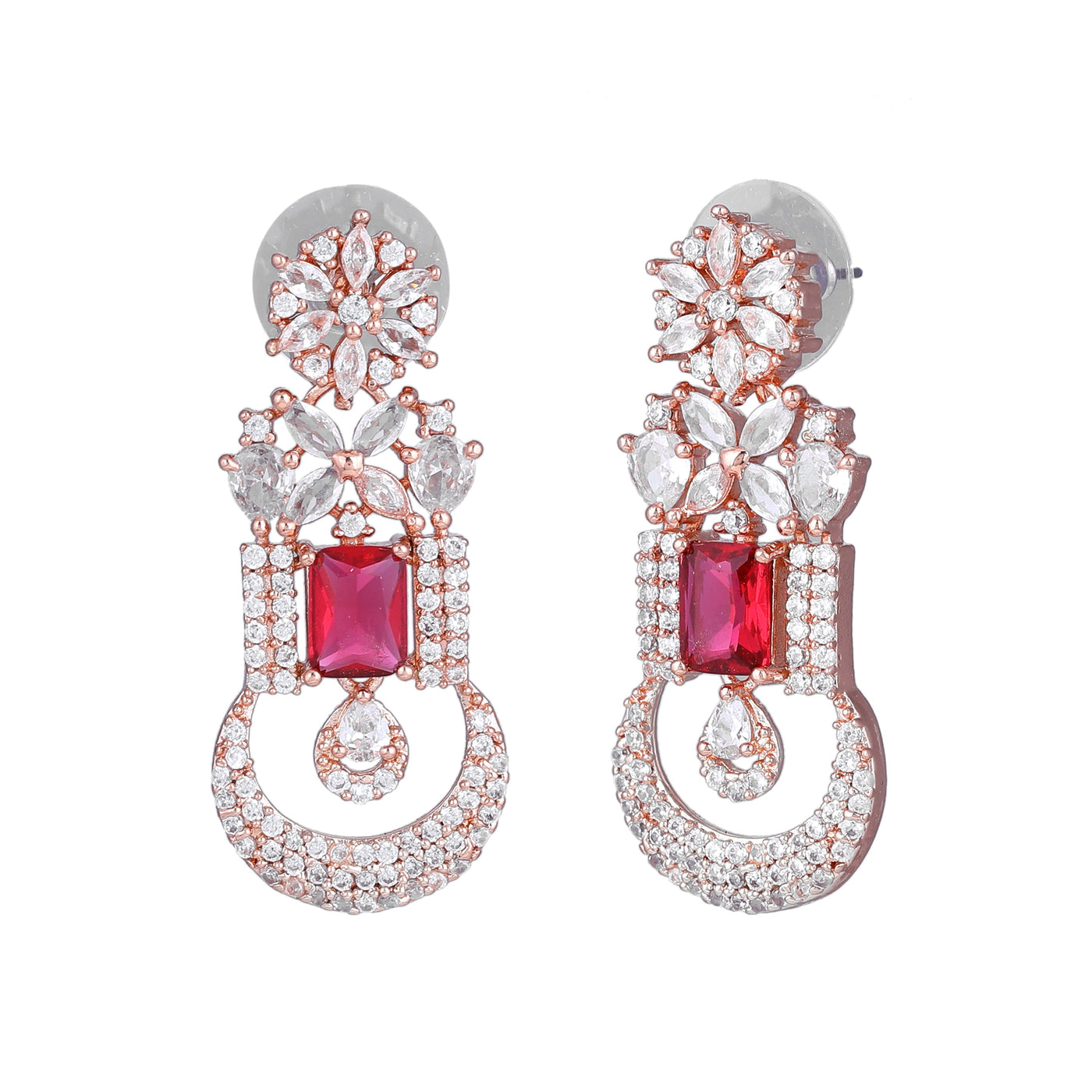 Estele Rose Gold Plated CZ Gorgeous Designer Drop Earrings with Tourmaline Pink Crystals for Women