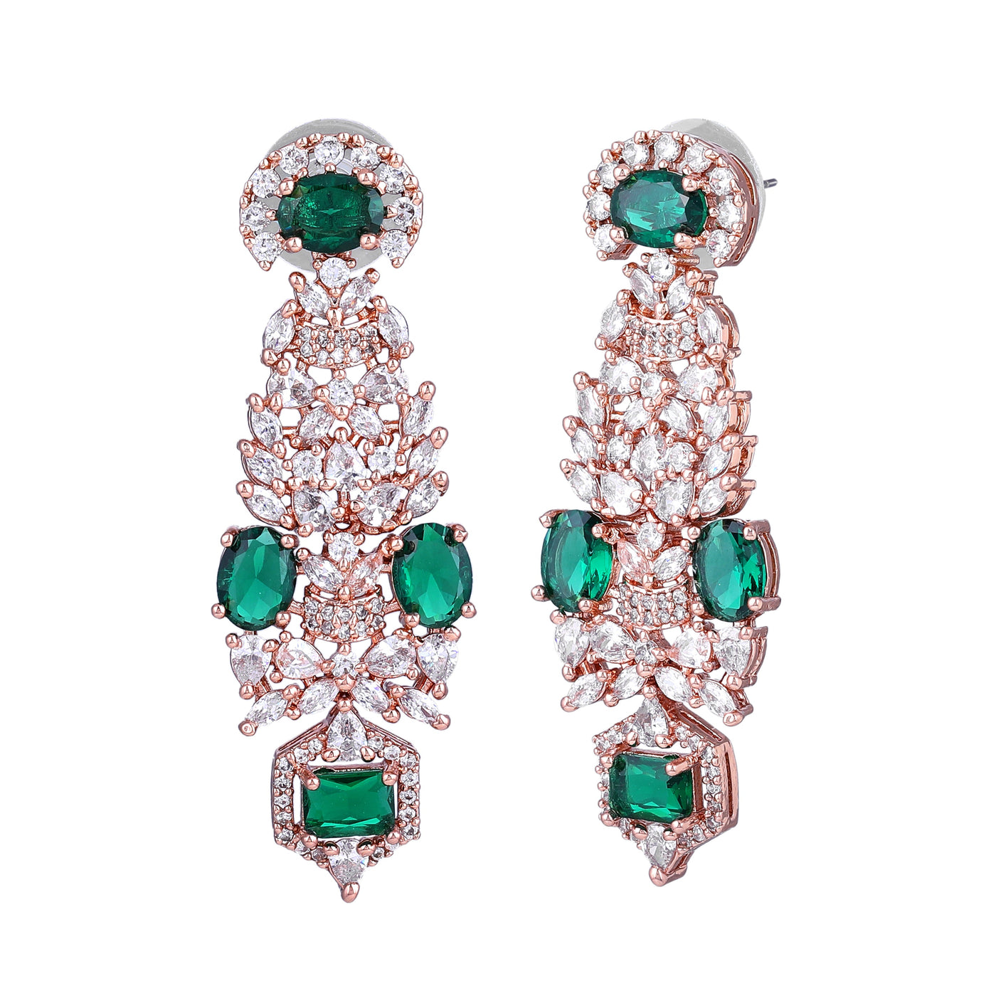 Estele Rose Gold Plated CZ Astonishing Earrings with Green Stones for Women