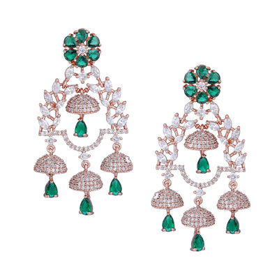 Estele Rose Gold Plated CZ Fascinating Jhumki Earrings with Green Stones for Women