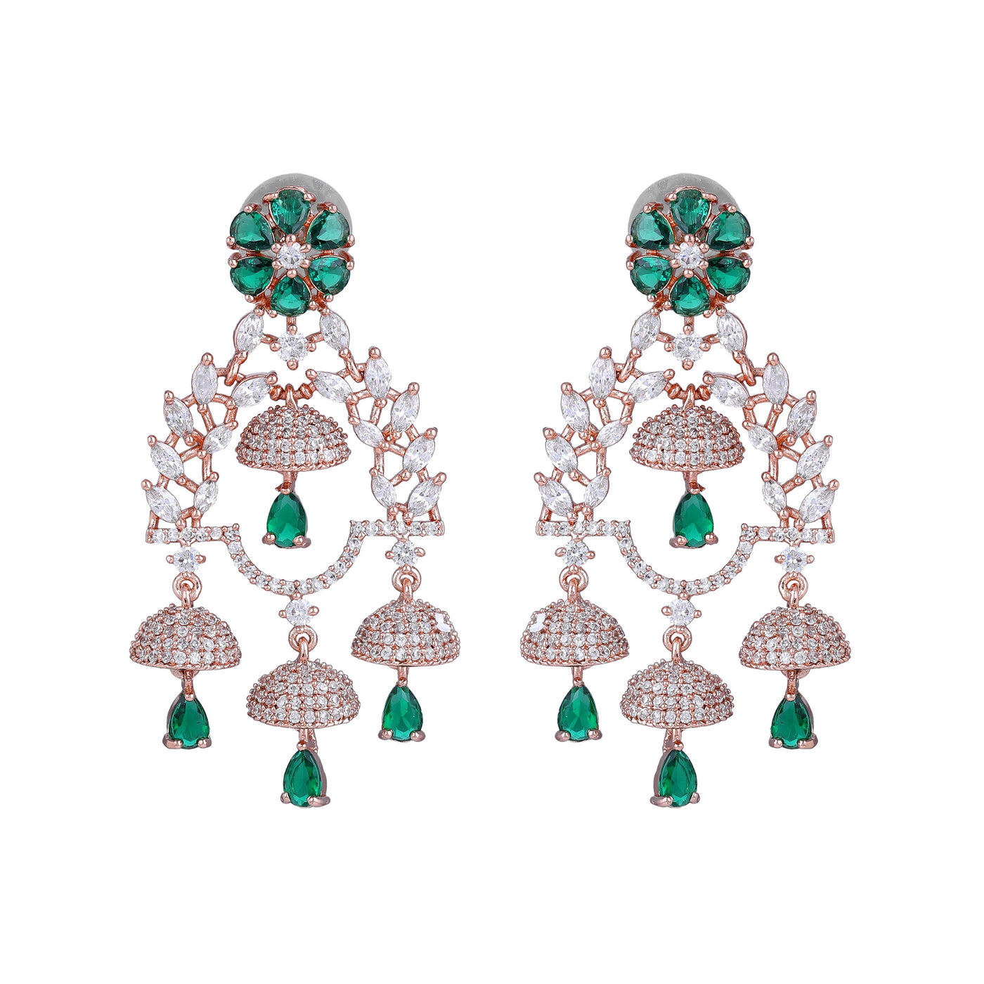 Estele Rose Gold Plated CZ Fascinating Jhumki Earrings with Green Stones for Women