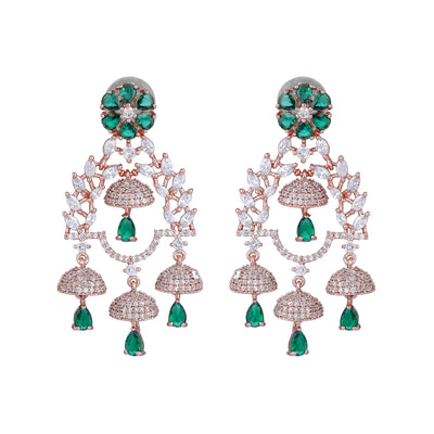 Estele Rose Gold Plated CZ Fascinating Jhumki Earrings with Green Stones for Women