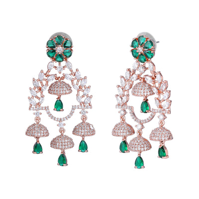 Estele Rose Gold Plated CZ Fascinating Jhumki Earrings with Green Stones for Women