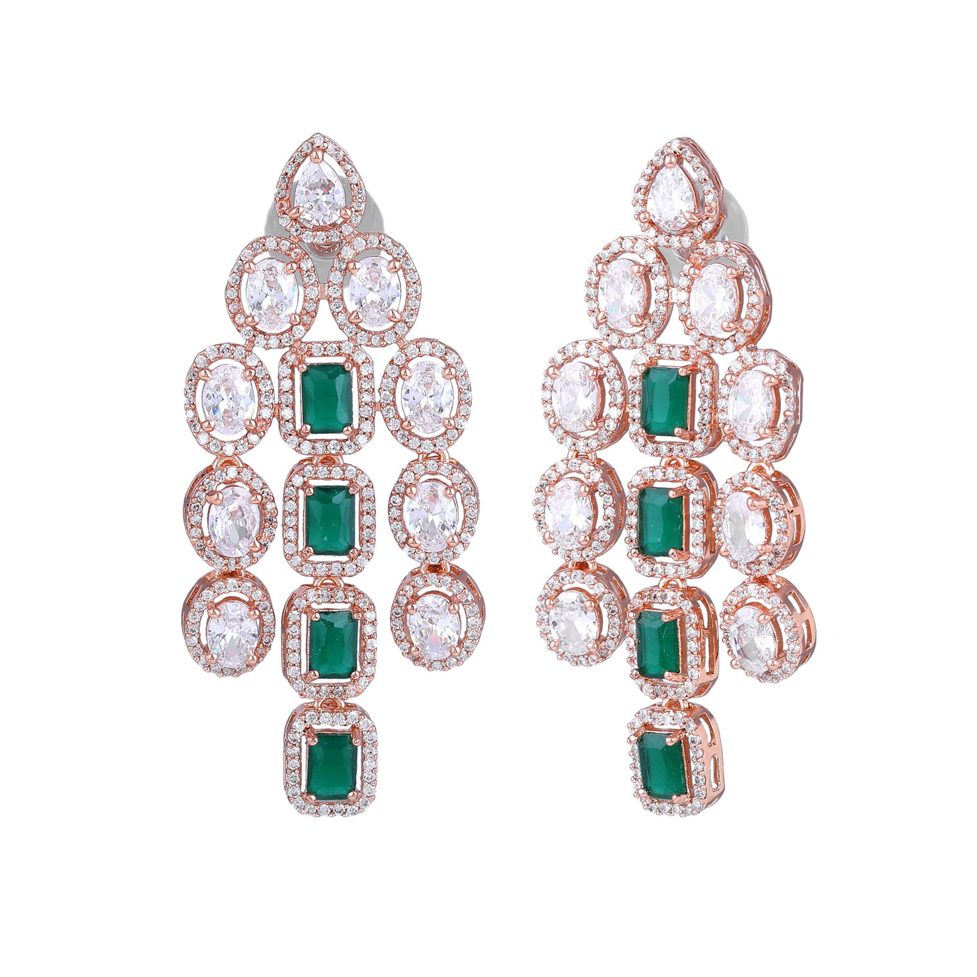 Estele Rose Gold Plated CZ Scintillating Earrings with Green Stones for Women