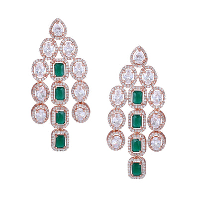 Estele Rose Gold Plated CZ Spectacular Triple Line Necklace Set with Green Stones for Women