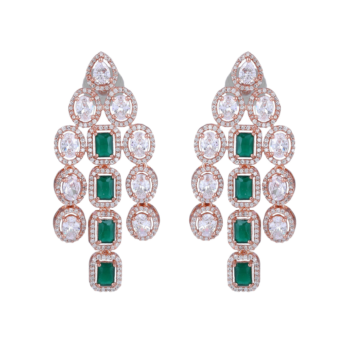 Estele Rose Gold Plated CZ Scintillating Earrings with Green Stones for Women