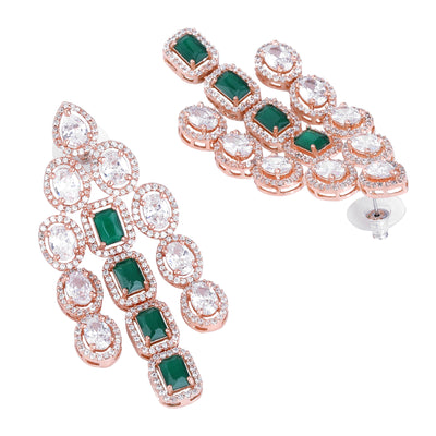 Estele Rose Gold Plated CZ Spectacular Triple Line Necklace Set with Green Stones for Women